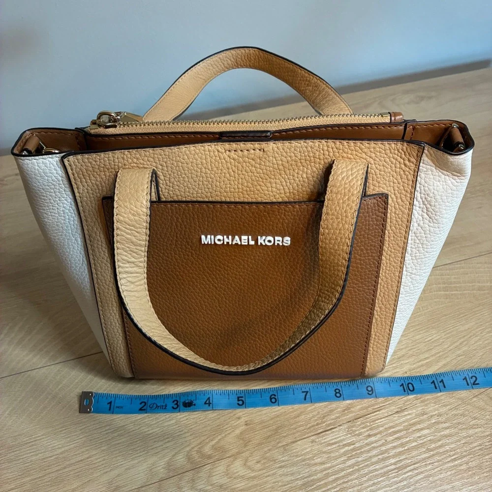 Michael Kors Small Tri-Color Pebbled Leather Satchel Crossbody Bag Tan Brown